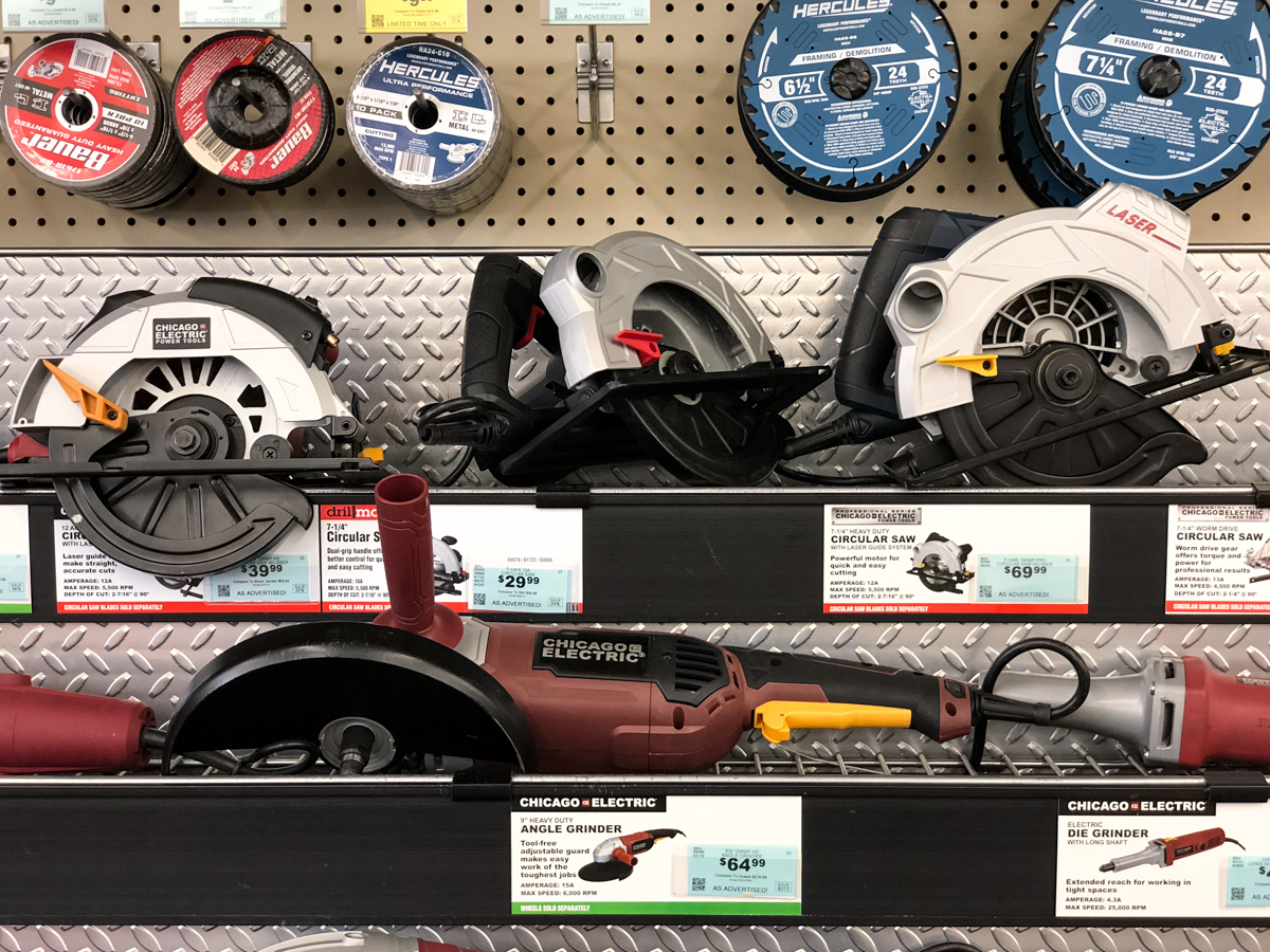 handheld power tools on a store shelf