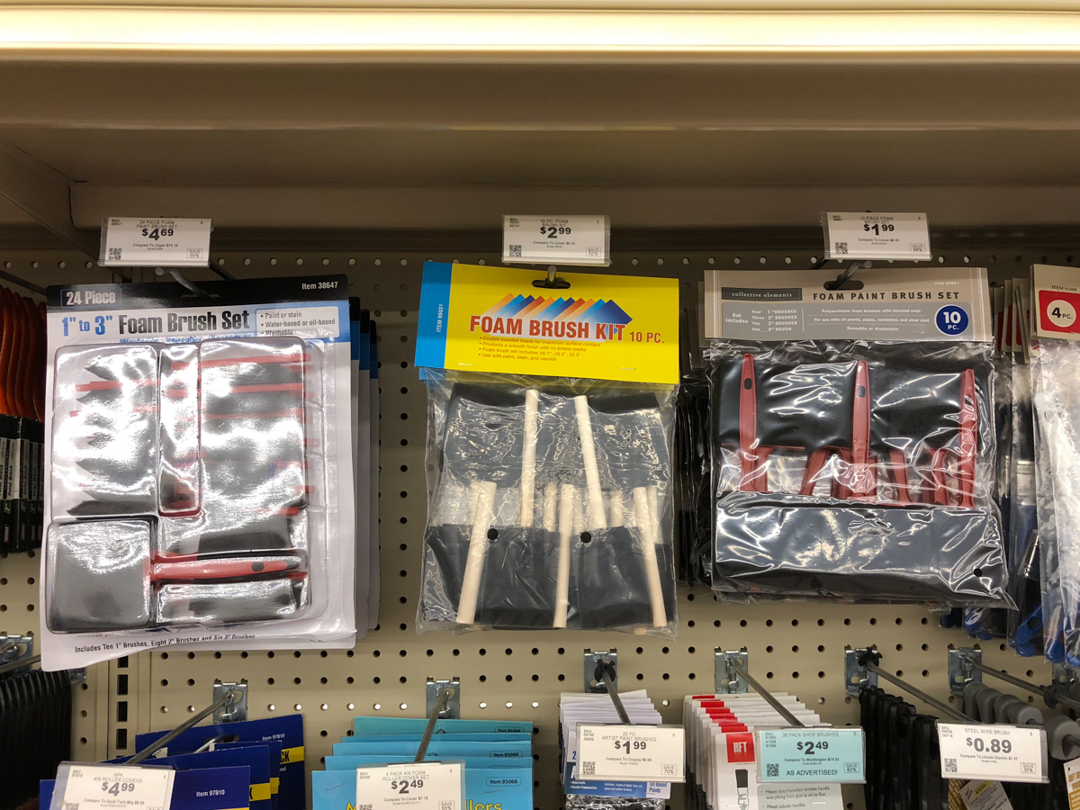 foam and bristle brushes on a store shelf